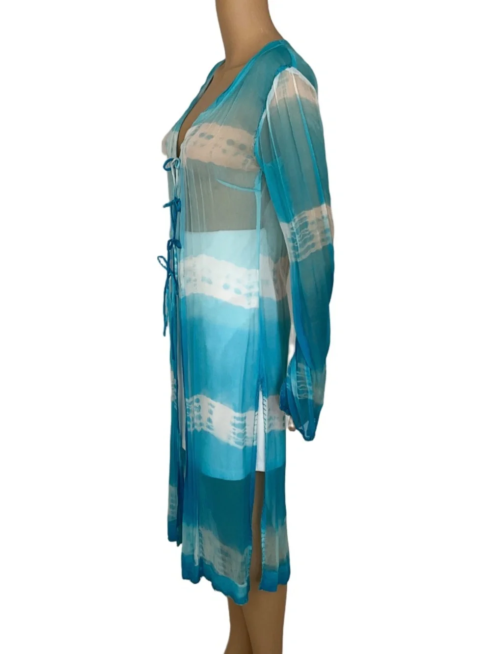 Silk Blue White Swim Beach Cover Up Cardigan Duster Size M